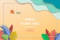 Summer sale background with paper cut view of blue sea,tropical leaves and beach design for poster,web banner,voucher discount or