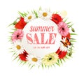 Summer sale background with poppies, daisies and butterflies