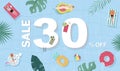 Summer sale background with tiny people,umbrellas, ball in the top view pool.Vector summer banner