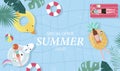 Summer sale background with people,umbrellas, ball,float in the top view pool.Vector summer banner