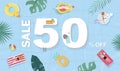 Summer sale background with tiny people,umbrellas, ball,float in the top view pool.Vector summer banner