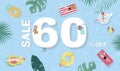 Summer sale background with tiny people,umbrellas, ball,float in the top view pool.Vector summer banner