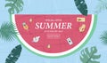 Summer sale background with tiny people, ball,swim ring,sunglasses,hat in the top view pool.Vector summer banner Royalty Free Stock Photo