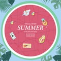 Summer sale background with tiny people,umbrellas, ball,swim ring,sunglasses,hat in the top view pool.Vector summer banner Royalty Free Stock Photo