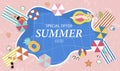 Summer sale background with tiny people,umbrellas, ball,swim ring,sunglasses,starfish,hat,sandals in the top view pool.Vector