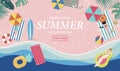 Summer sale background with tiny people,umbrellas, ball,swim ring,sunglasses,surfboard,hat,sandals in the top view beach.Vector