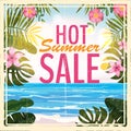 Summer sale background with tropical flowers and beach, sea. Retro, vintage. Vector background for banner, poster, flyer Royalty Free Stock Photo