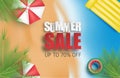 Summer sale background with umbrella, swim ring, palm tree, beach and sea from top view. Realistic vector illustration. Summer Royalty Free Stock Photo
