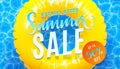 Summer sale banner background with blue water texture and yellow pool float. Vector illustration of sea beach offer Royalty Free Stock Photo