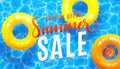 Summer sale banner background with blue water texture and yellow pool float. Vector illustration of sea beach offer Royalty Free Stock Photo