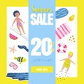 Summer Sale Banner with Beach Elements. Discount Poster Template. Hand Drawn Promotional Design for Flyer, Cover Royalty Free Stock Photo