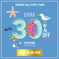 Summer Sale Banner with Beach Elements. Discount Poster Template. Hand Drawn Promotional Design for Flyer, Cover Royalty Free Stock Photo