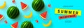 Summer Sale banner.Beautiful Background with realistic banana,watermelon and strawberry. Vector illustration for website Royalty Free Stock Photo