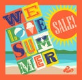 Summer sale banner. colorful letter collage typography with beach and sun