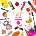 Summer sale banner. Cosmetics and beauty background with make up artist objects: lipstick, cream, brush.