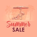 Summer sale banner with cute pelican, flamingo, umbrella. Vector