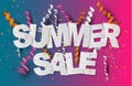 Summer sale banner design concept with confetti and ringlets on blue and pink gradient background.. High quality vector