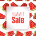 Summer sale banner design for promotion, colorful background with Fresh watermelon chunks in cartoon style, Vector EPS 10