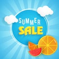 Summer sale banner design with stylish text, cloud, and seasonal Royalty Free Stock Photo