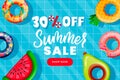 Summer sale banner design template. Inflatable floating colorful toys in swimming pool, top view vector illustration Royalty Free Stock Photo