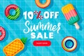 Summer sale banner design template. Inflatable floating funny toys in swimming pool, top view vector illustration Royalty Free Stock Photo