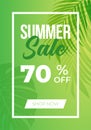 Summer sale banner with dual-tone gradient background and tropical leaves