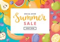 Summer sale banner with fruits. Hand drawn cute fruits and lettering. Vector illustration colorful template in flat Royalty Free Stock Photo