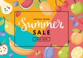 Summer sale banner with fruits. Hand drawn cute fruits and lettering. Vector illustration colorful template in flat Royalty Free Stock Photo