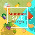 Summer sale banner with fruits such as orange, watermelon, banana, kiwi, grapes, plum, pear with tree leaves and ice