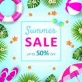 Summer Sale banner, hot season discount poster with tropical leaves, ice cream, watermelon and sunglasses. Invitation Royalty Free Stock Photo