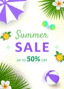 Summer Sale banner, hot season discount poster with tropical leaves, ice cream, watermelon and sunglasses. Invitation Royalty Free Stock Photo