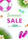 Summer Sale banner, hot season discount poster with tropical leaves, ice cream, watermelon and sunglasses. Invitation Royalty Free Stock Photo