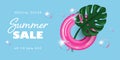 Summer Sale banner with the inflatable ring, Monstera Leaf, and soap bubbles. Vector illustration in 3D style