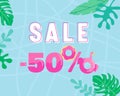 Summer Sale Banner with Palm Leaves and Inflatable Mattresses on Swimming Pool Water Surface Background Royalty Free Stock Photo