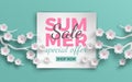 Summer sale banner with paper cut frame and blooming pink cherry flowers on green floral background for banner, flyer, poster Royalty Free Stock Photo