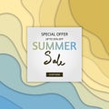 Summer sale banner with paper cut frame on blue sea and beach summer background with curve paper waves and seacoast for banner, Royalty Free Stock Photo