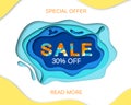 Summer sale banner with paper cut frame on blue sea and beach summer background with curve paper waves and seacoast for Royalty Free Stock Photo