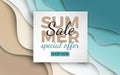 Summer sale banner with paper cut frame on blue sea and beach summer background with curve paper waves and seacoast for design Royalty Free Stock Photo