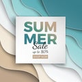 Summer sale banner with paper cut frame on blue sea and beach summer background with curve paper waves and seacoast for design Royalty Free Stock Photo