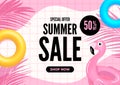 Summer sale banner. Pink tiles with palm leaves and pool floats.
