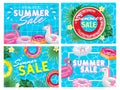 Summer sale banner. Summer pool deal flyer, fancy pink flamingo and watermelon floating ring special offer vector