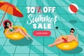 Summer sale banner poster design template. People swim in swimming pool, top view vector flat cartoon illustration Royalty Free Stock Photo