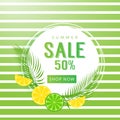 Summer sale banner poster with green yellow lemon and palm leaves for business Royalty Free Stock Photo
