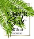 Summer sale banner, poster with palm leaves and handwriting lettering. Tropical background. Vector illustration EPS10. Royalty Free Stock Photo