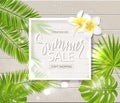 Summer sale banner, poster with tropical flowers, plants, leaves and drops on wooden board . Vector illustration. Royalty Free Stock Photo