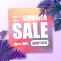 Summer sale banner with purple tropical leaves background, exotic tropical leaves design for banner, flyer, invitation, poster, w