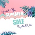 Summer sale banner with purple tropical leaves background, exotic tropical leaves design for banner, flyer, invitation, poster, w