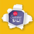 Summer sale banner in the realistic torn paper hole vector illustration design. Yellow background and blue detailed Royalty Free Stock Photo