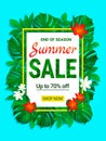 Summer sale banner. seasonal promotion poster. Tropic sellout design. Floral jungle background with exotic tropical Royalty Free Stock Photo