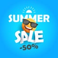 summer sale banner with smiling face symbol illustration in sunglasses with paper sticker text and fifty percent